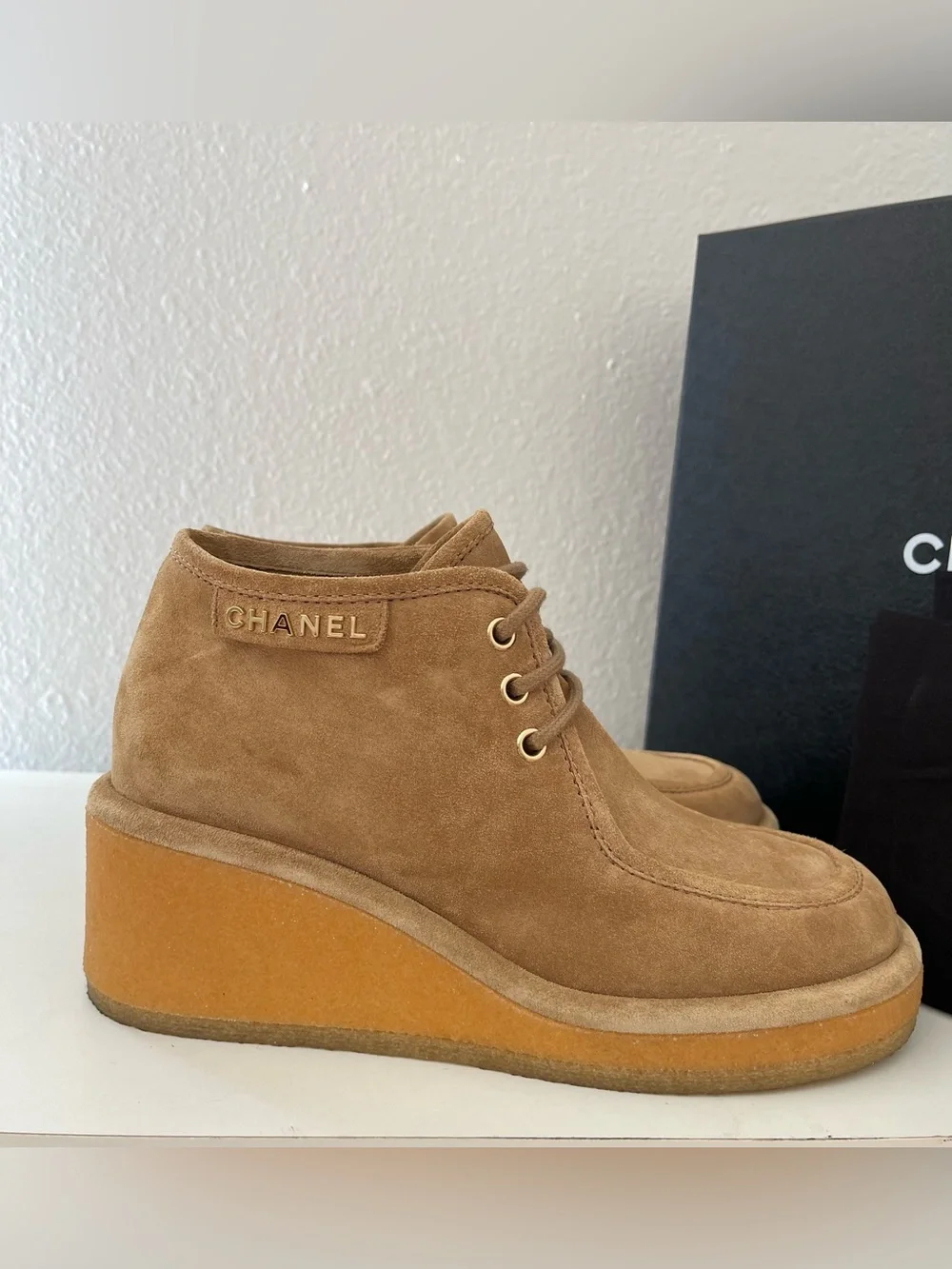 CHANEL Tan Suede Wedge Ankle Booties with Gold Logo